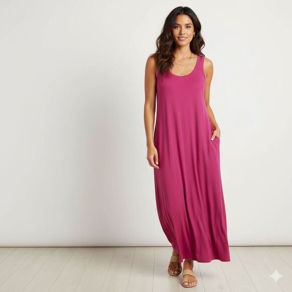 Soft Surroundings NWT Santiago Fuchsia Sleeveless Maxi Dress Pockets Petite L - Picture 1 of 12